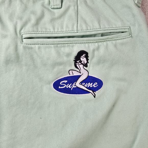 Supreme Chino Mint Pants Mens 30 (Fits 32x28) Green Pinup Girl Embroidered SS23 - Picture 9 of 14